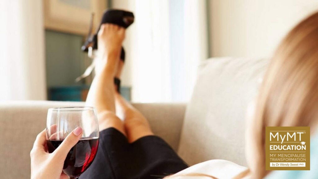 Woman drinkiing wine lying on couch and logo